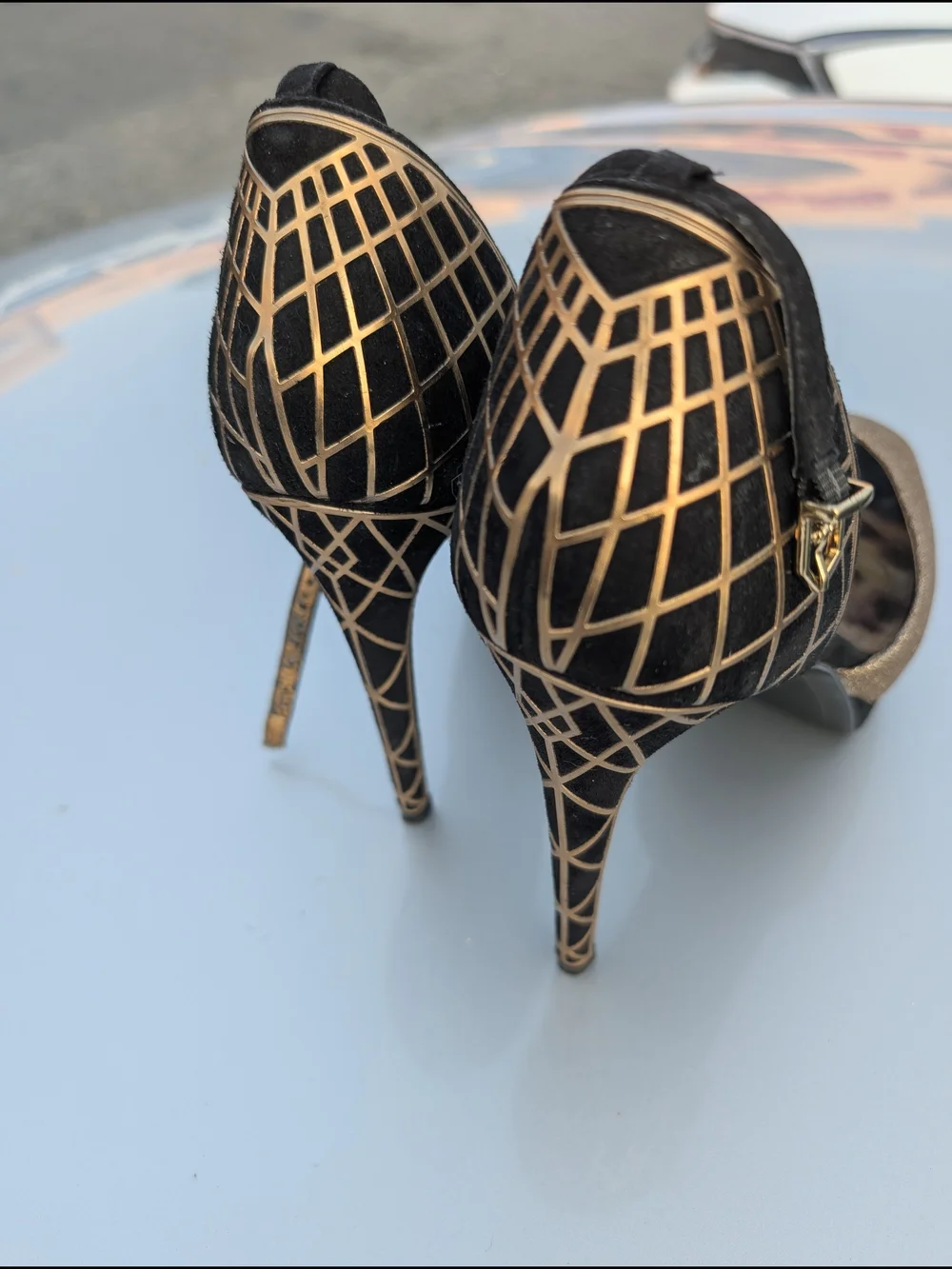 Sam Edelman Gold Glitter Peep-Toe Ankle Strap Heels